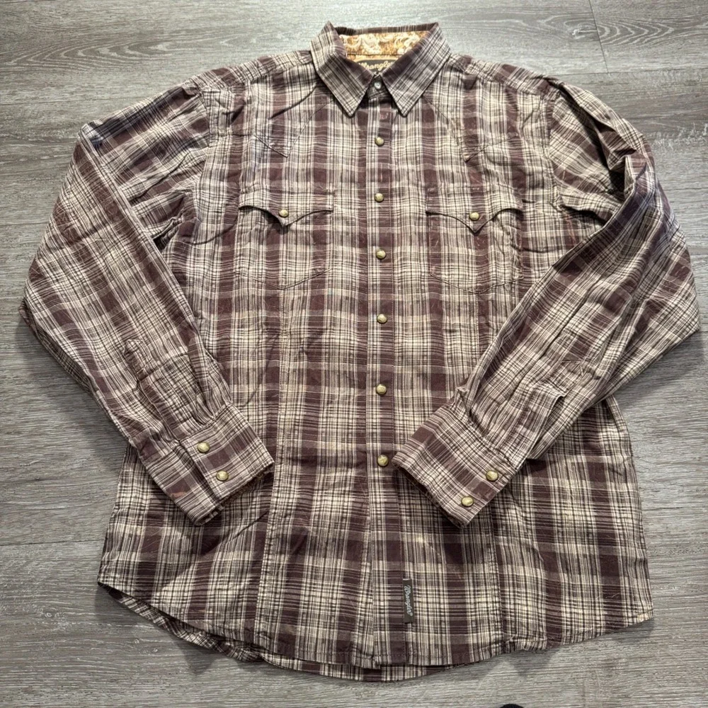 Wrangler Retro Shirt Mens M Brown Plaid Cotton Pearl Snap Western Rodeo Rancher